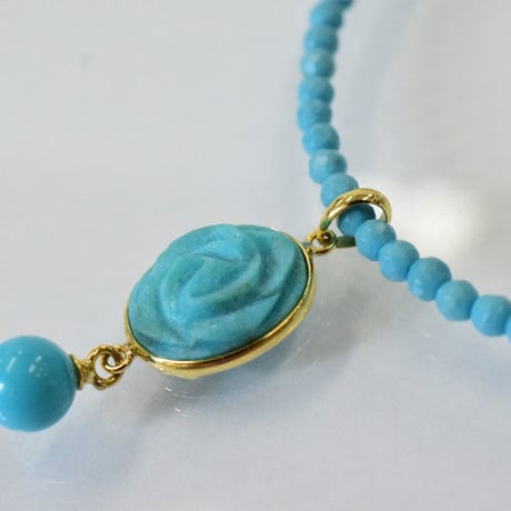 K18　薔薇彫　ターコイズ　ペンダント　ビーズネックレス◇18K　Turquoise Engraved Rose　Pendant　Beads Necklace　34053-166 NAEZ