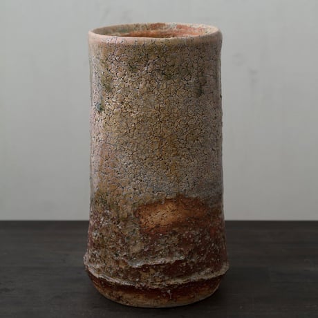 陶器 萩焼 輪花　鬼萩筒花入(木箱入)　黒田岳作