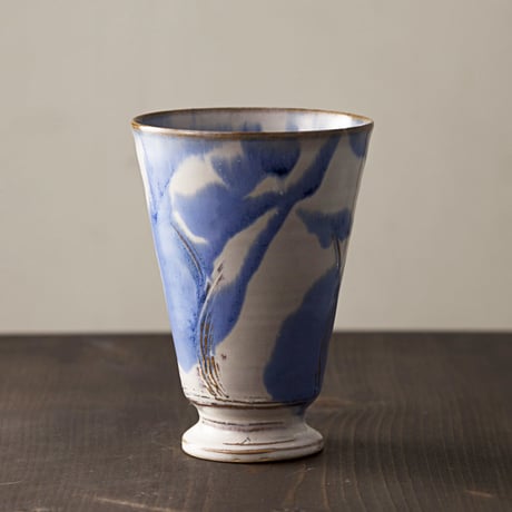 ◇◆陶器 萩焼 輪花◇◆　和グラス(青)　小田光治