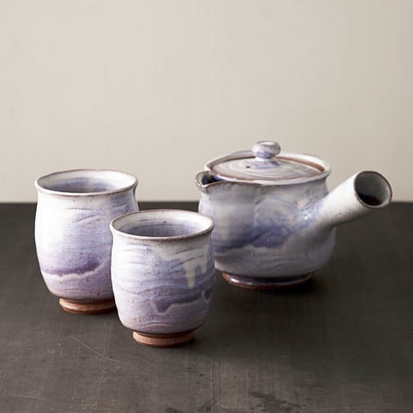◆◇陶器 萩焼 輪花◆◇　番茶器セット（木箱入）　白景山 作