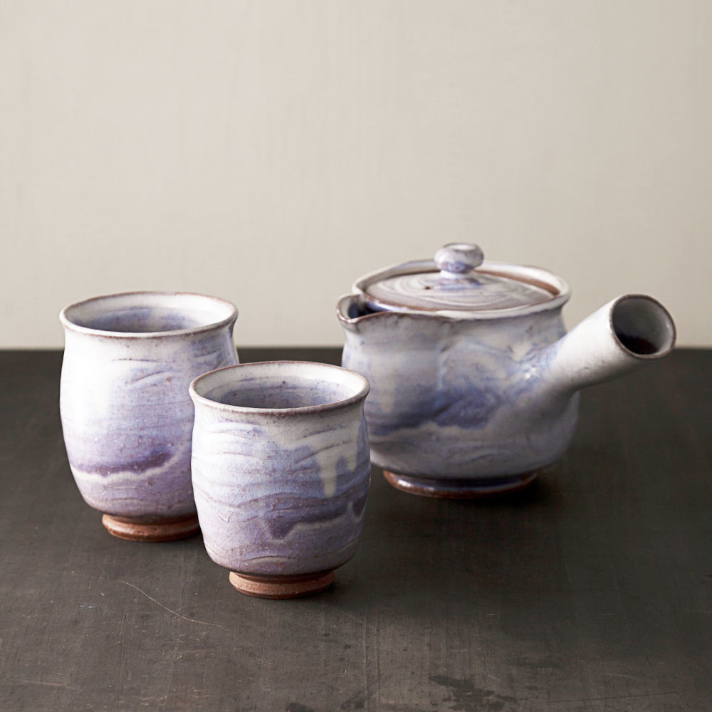 萩焼茶器セット 松綠 特注栃の木お盆付き 萩焼茶器セット 松綠 特注栃の木お盆付き