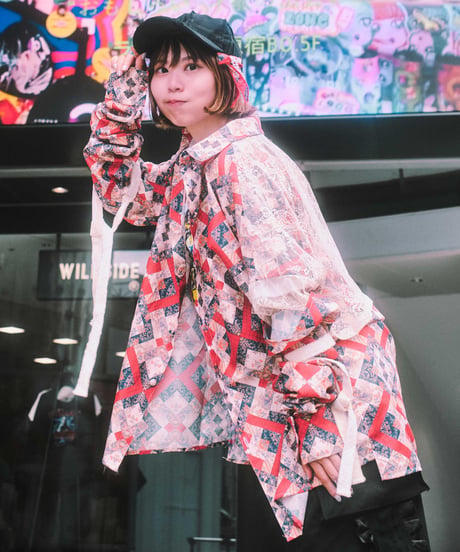 チェックに滲む花の残響のオーガンジービックシャツ