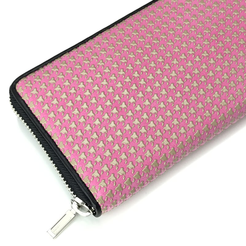 印伝 長財布 ラウンドファスナー【本ちどり格子】ピンク革×白漆【送料