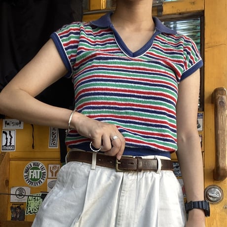 [USED] 襟付きパイルボーダーTOPS♡