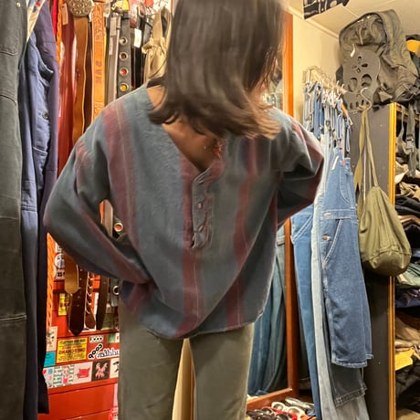 [USED] ストライプ ノーカラーネルシャツ