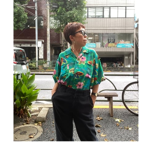 [USED] GREEN イルカ🌺 レーヨン アロハシャツ