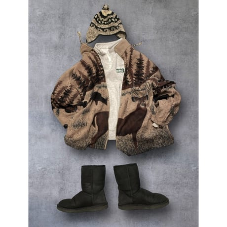 [USED] シカ総柄 🦌 フリースZIPジャケット