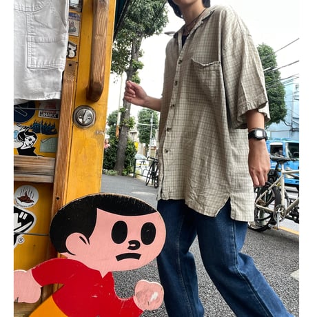 [USED] 柔らか渋色チェックの開襟シャツ