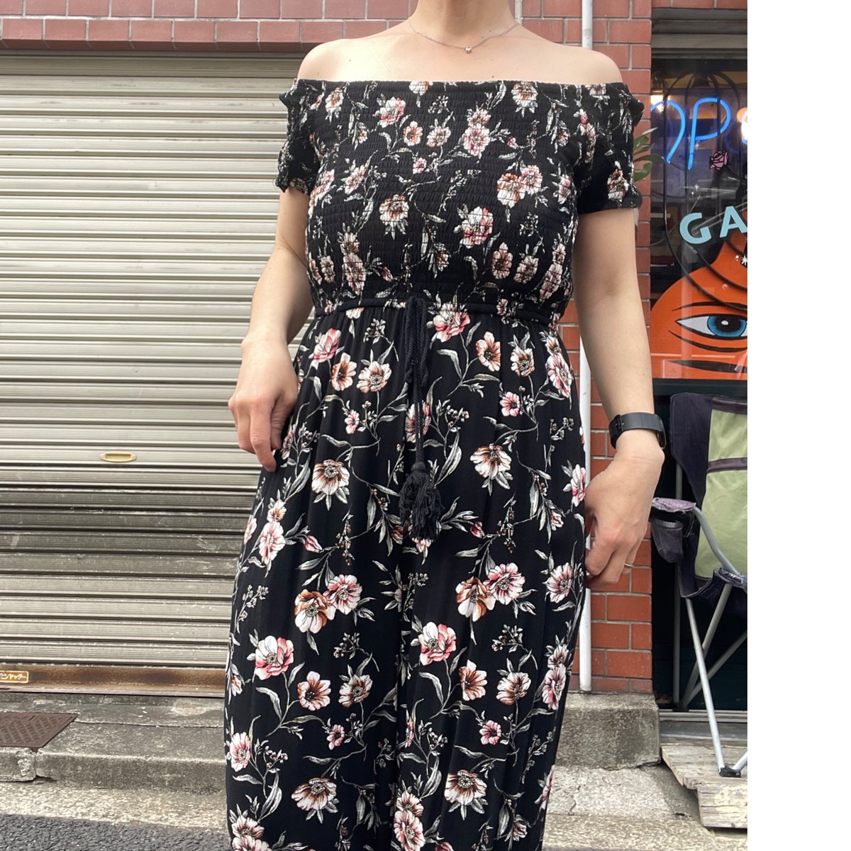 花柄オールインワン緑 USED] オフショルダー花柄 💐オールインワン🖤 | garden730