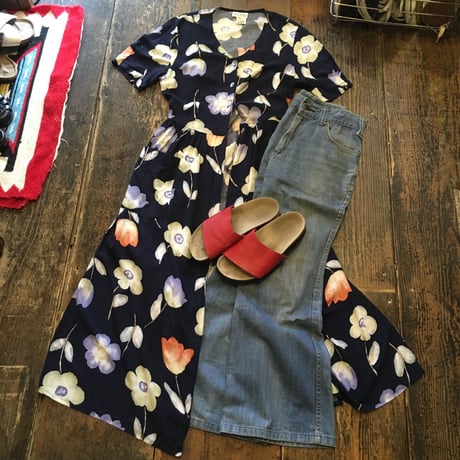 [USED]前開き レーヨン花柄ワンピース