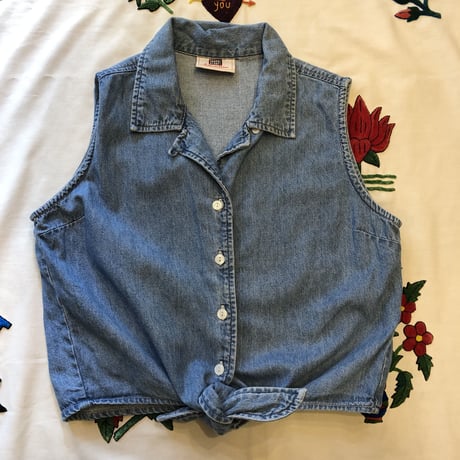 [USED] デニム ノースリーブ リボンシャツ