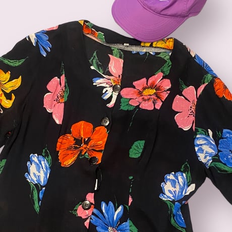 [USED]花柄BLACKボタンガウンワンピース