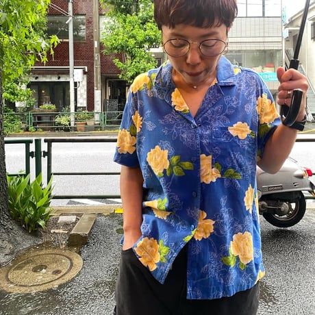 [USED] BLUE💛牡丹 オープンカラーシャツ