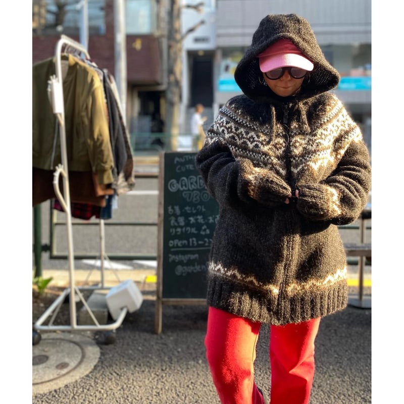 美品 45rpm ノルディック柄 フード ニット パーカー ウール ジップ XL セール】ノルディック柄 フード付きジップニット（ニット