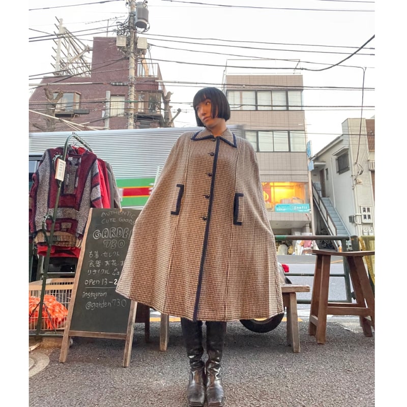 TOMORROWLAND ケープコート 38 千鳥格子 ウール100％ フード付 USED] 千鳥格子ケープコート | garden730