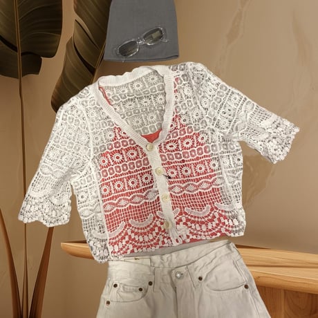 [USED] White 鍵あみ KNIT カーディガン