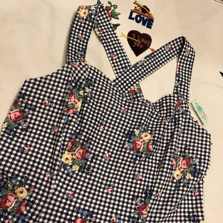 [USED] チェック×花柄❤︎フレアワンピース