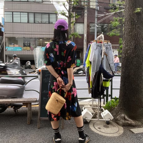[USED]花柄BLACKボタンガウンワンピース