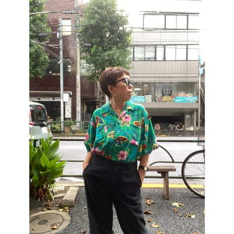 [USED] GREEN イルカ🌺 レーヨン アロハシャツ