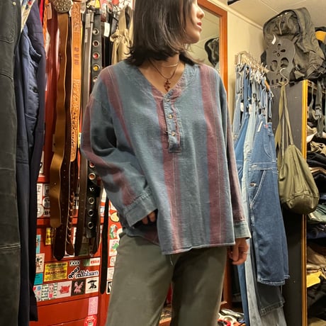[USED] ストライプ ノーカラーネルシャツ