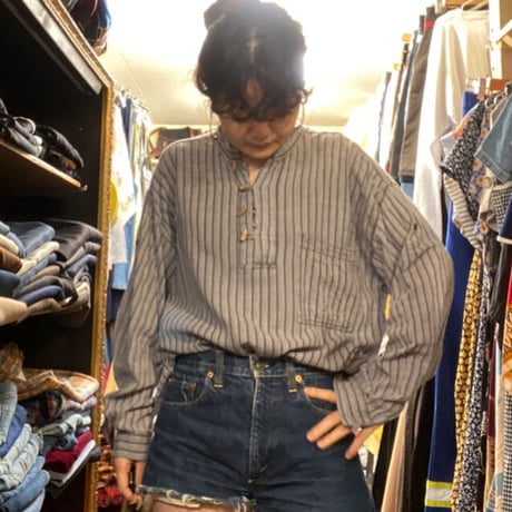 [USED] ストライプ ガーゼ SHIRTS/トグルボタン