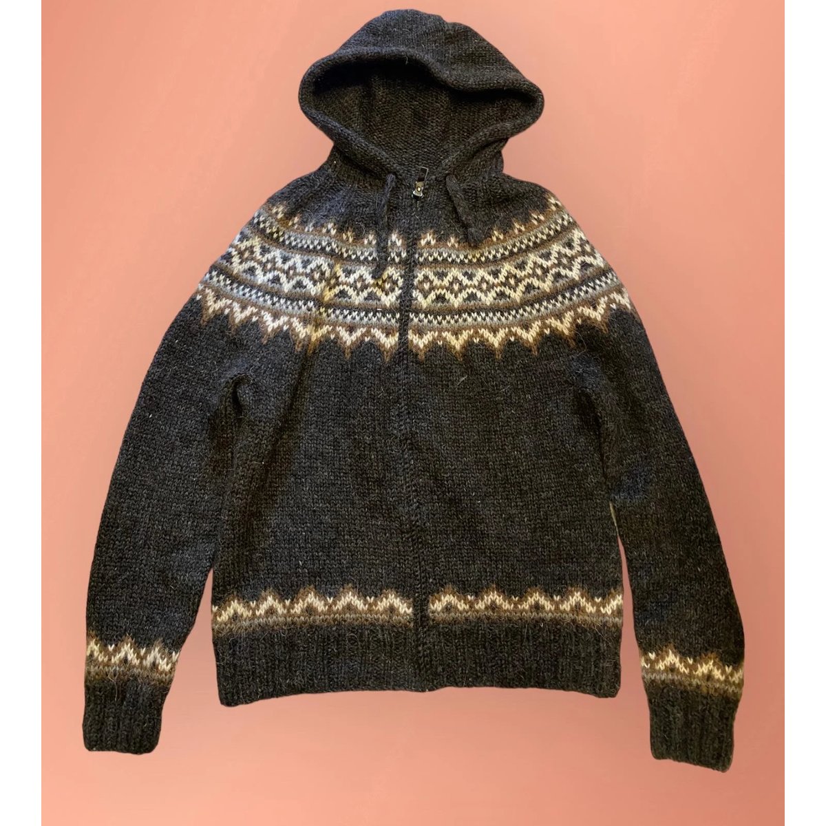 美品 45rpm ノルディック柄 フード ニット パーカー ウール ジップ XL セール】ノルディック柄 フード付きジップニット（ニット