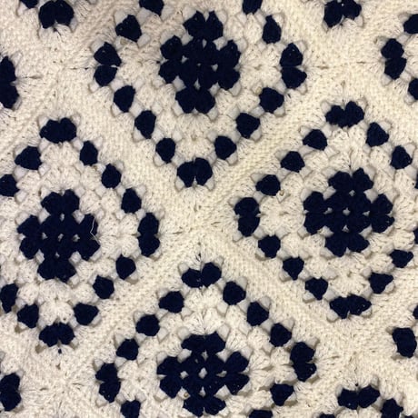 [USED] 鍵編みニット ブランケット 95cm × 115cm  WHT/NAVY