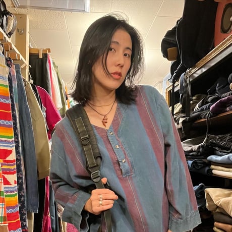 [USED] ストライプ ノーカラーネルシャツ