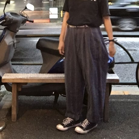 [USED] 太め ストライプリネンタックパンツ