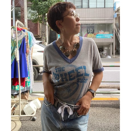 [USED] OLDプリントVネックトリムTee