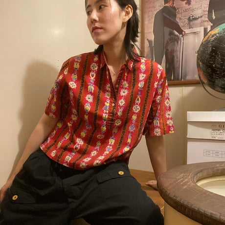 [USED]vintage ハーフボタンショート丈柄シャツ