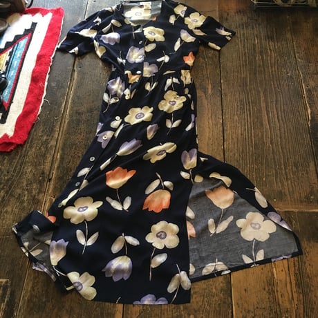 [USED]前開き レーヨン花柄ワンピース