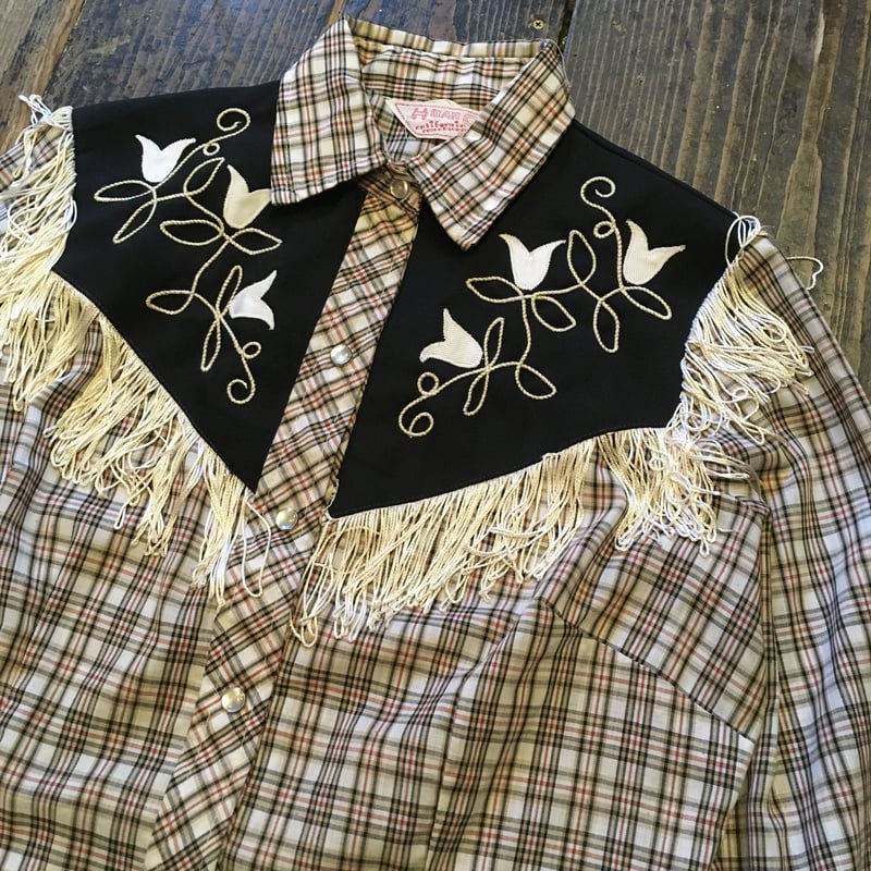 H barC ウェスタンシャツ 70s USA製 HBARC 音符 チェーン刺繍&フリンジ ロカビリー ウエスタン