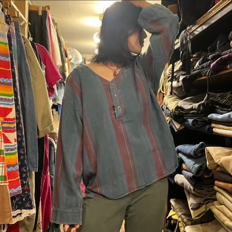 [USED] ストライプ ノーカラーネルシャツ