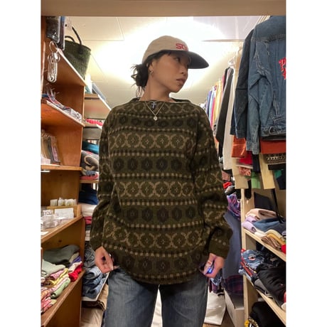 [USED] ボートネックの柄ニット