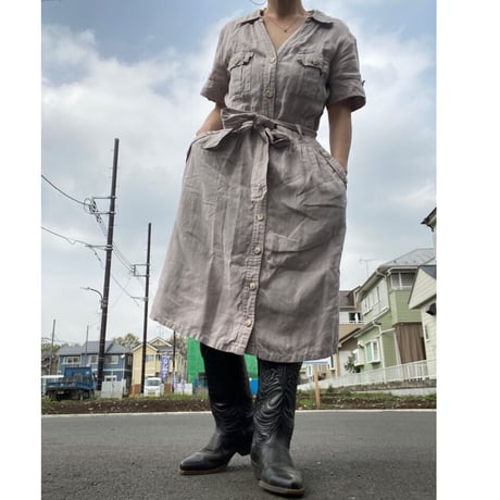 [USED]  フロントボタンのLINEN ワンピース