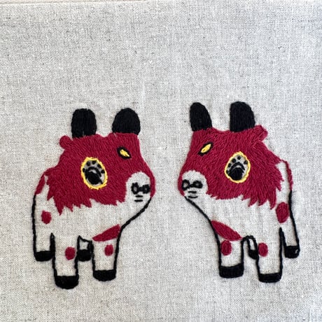 ミャンマー｜手刺繍ポーチ｜ウシ・生成り（内布 水色）