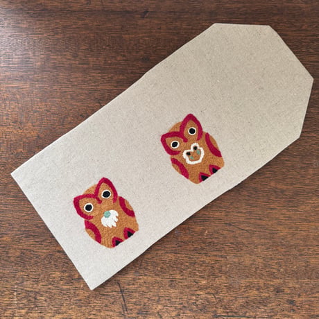 ミャンマー｜手刺繍ブックカバー｜フクロウ・生成り