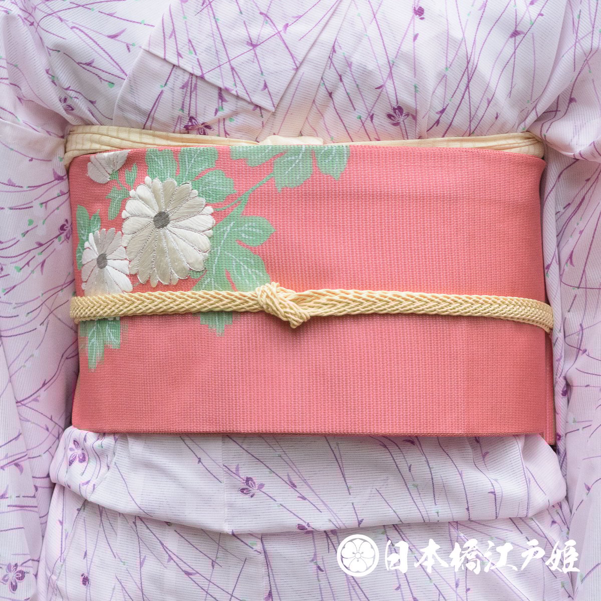 名古屋帯 ヒラメ 鮃 魚柄 量的 桜 刺繍 乳白色 O-4736 