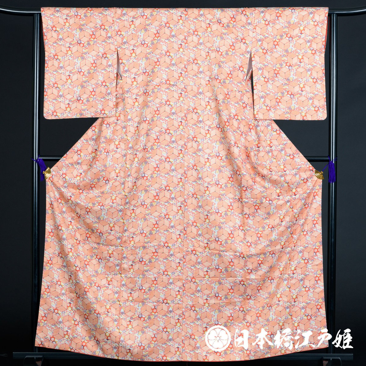 0132 小紋 優品 Aランク美品 化繊 袷 薄朱色 亀甲 青海波 身丈161.5cm ...