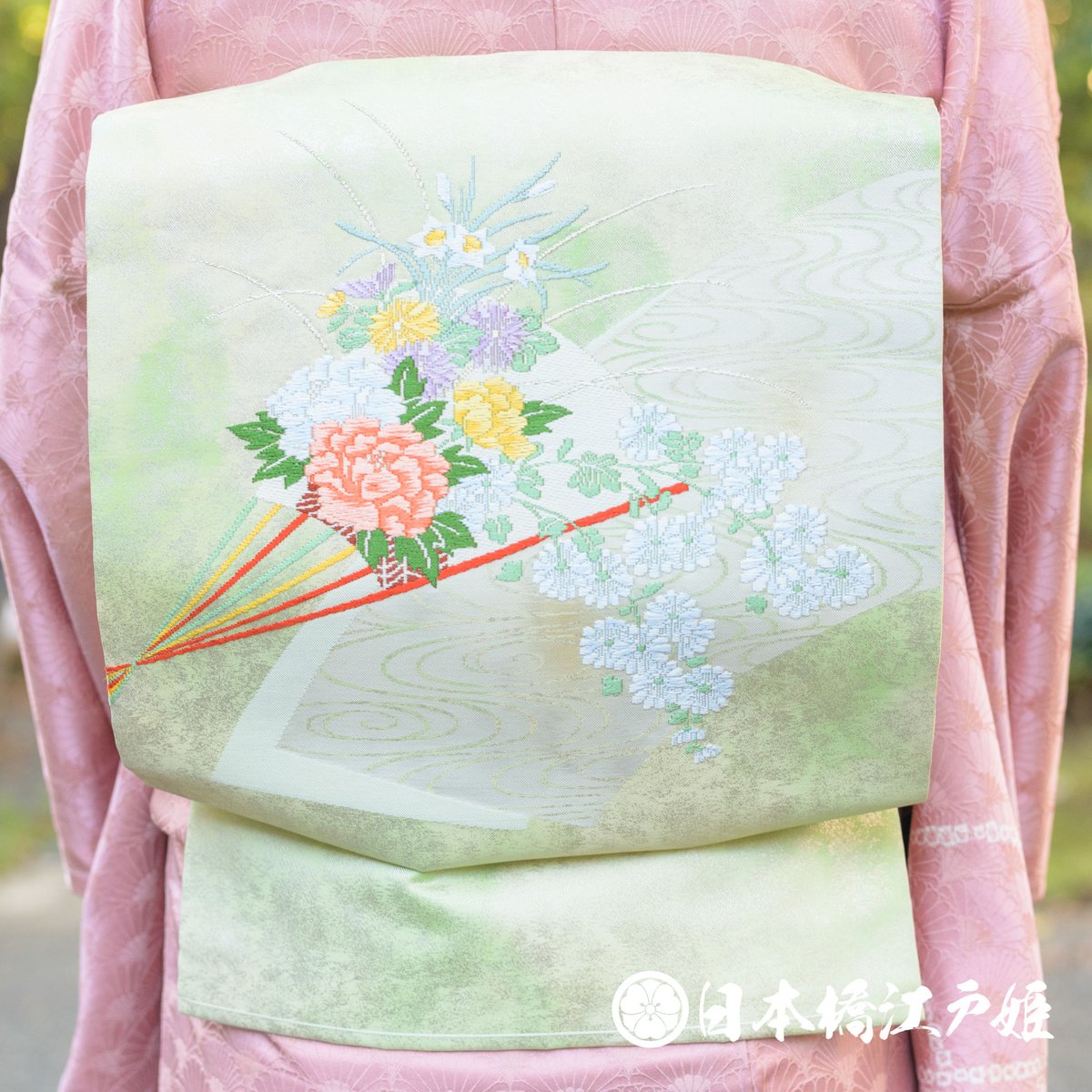 3239 美品【アンティーク帯】【名古屋帯】 鼓の鳳凰、扇に花 - 着物