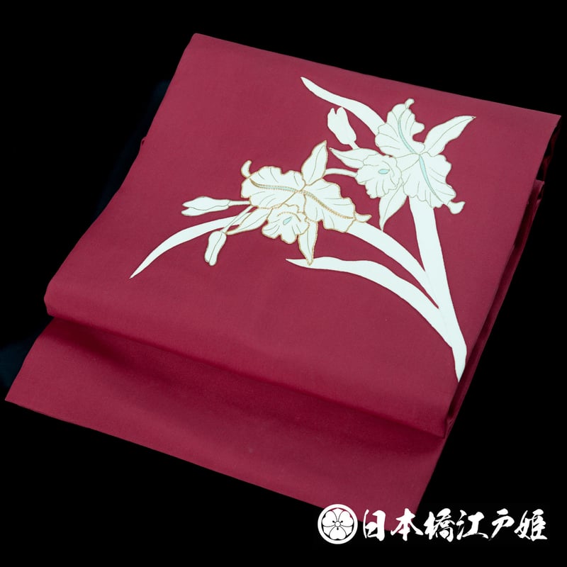 0079 名古屋帯 Aランク美品 正絹 えんじ色 草花 金糸 金彩 お太鼓柄 帯 ...