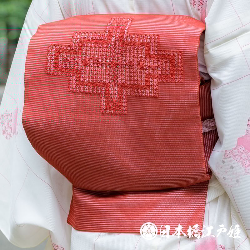 0277 夏物 名古屋帯 Aランク美品 正絹 絽 赤 幾何学 刺繍 お太鼓 0277 夏物 名古屋帯 Aランク美品 正絹 絽 赤 幾何学 刺繍 お太鼓