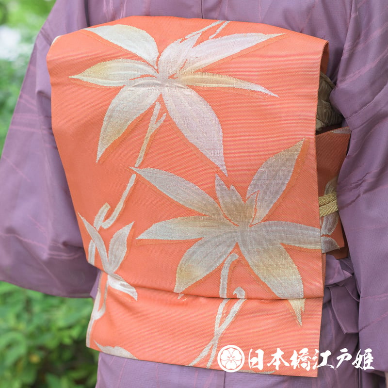名古屋帯 秀品 雪の結晶 金彩 ぼかし 薄オレンジ 正絹 【中古】（0197 