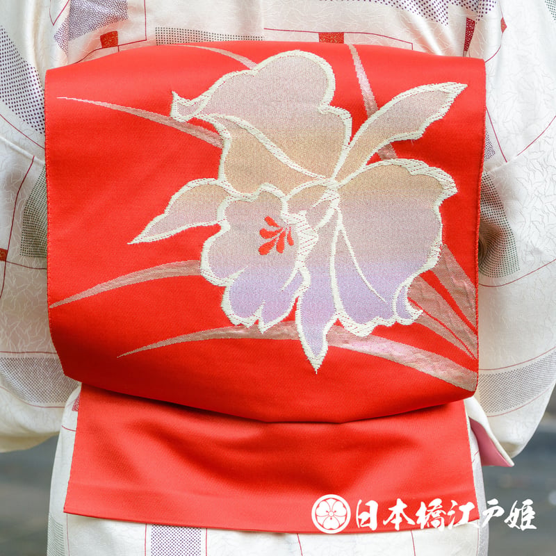 袋帯 唐織 美しい華柄模様 銀糸 乙女色 O-3809