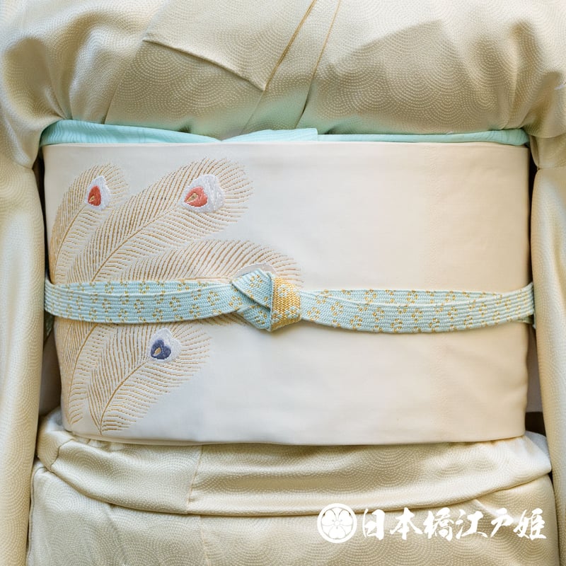 0470 名古屋帯 正絹 九寸帯 白 孔雀の羽根 お太鼓柄 帯丈364cm 