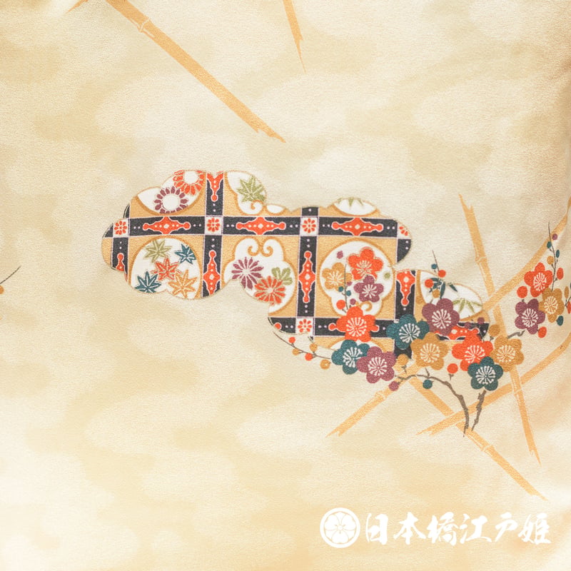 0291 小紋 優品 正絹 袷 黄色 ぼかし雲取り 格天井 草花 竹垣 金彩 