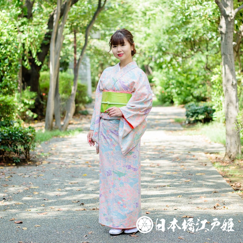 正絹 名古屋帯 0297 名古屋帯 正絹 黄緑色 葉 六通し 帯丈362cm |