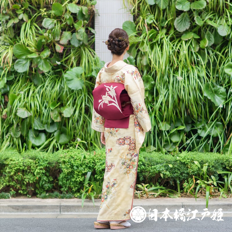 0291 小紋 優品 正絹 袷 黄色 ぼかし雲取り 格天井 草花 竹垣 金彩 