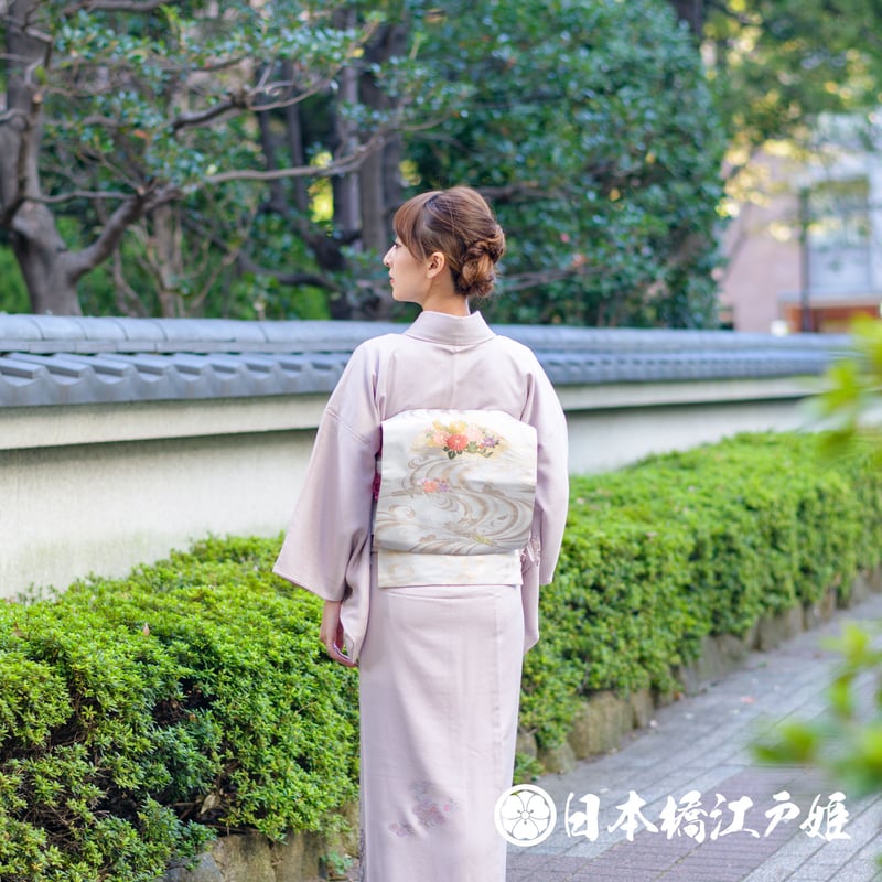 ☆ 夏帯 名古屋帯 絽 霞模様に桔梗の花 銀糸 紅消鼠色 O-3652 ☆ 夏帯 名古屋帯 絽 霞模様に桔梗の花 銀糸 紅消鼠色 O-3652
